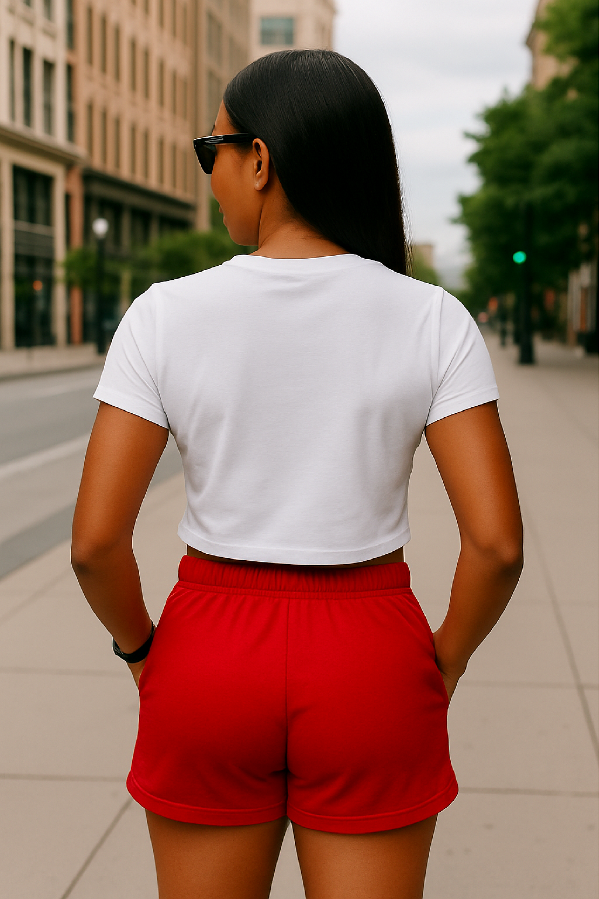 RF Wear Women&#39;s Cropped Flowy Cherry T-Shirt - White - Model Back View