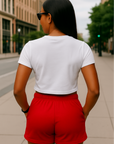RF Wear Women's Cropped Flowy Cherry T-Shirt - White - Model Back View