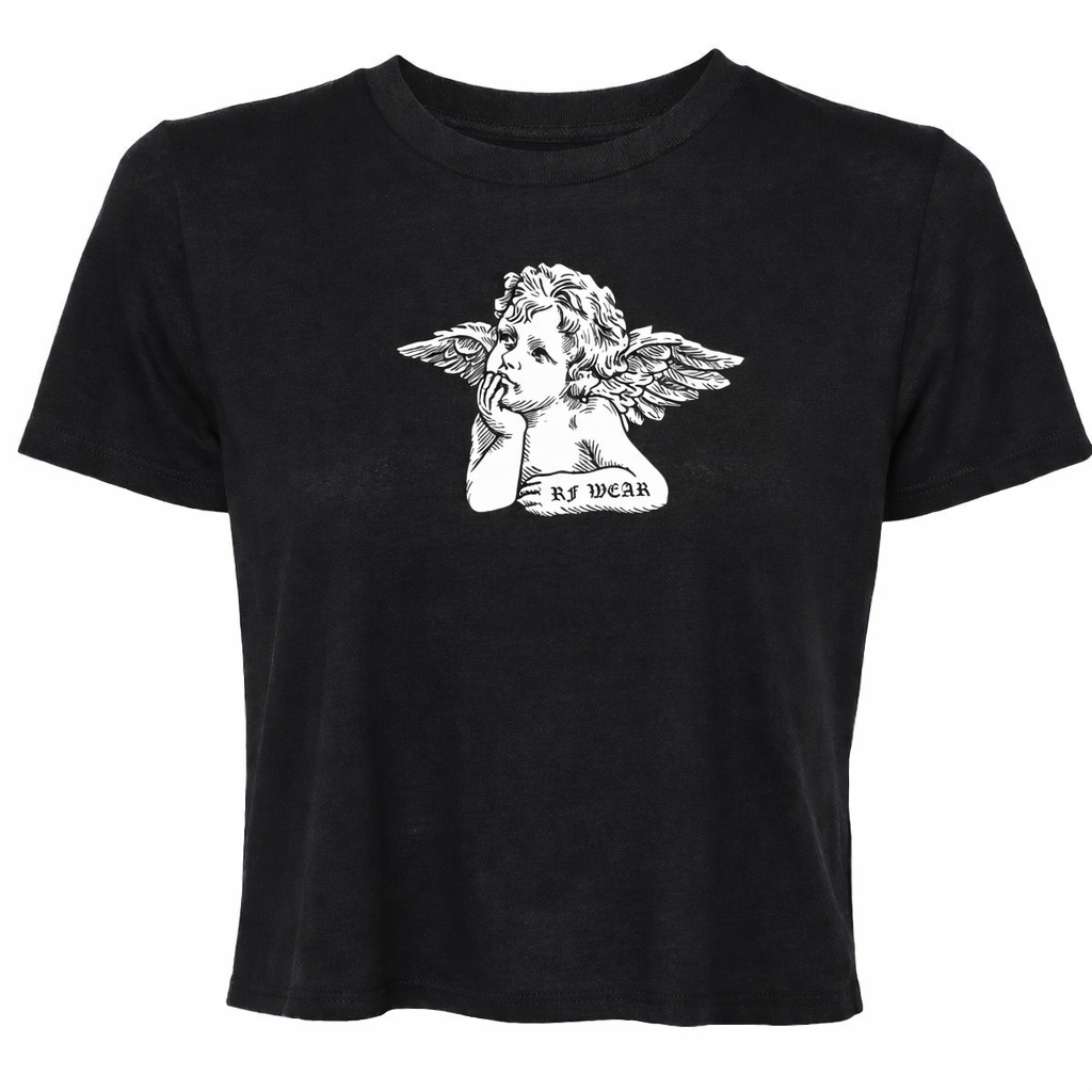 RF-Wear Women's Cropped Flowy Cherub T-Shirt in Black