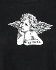Close-up of RF-Wear Women's Cropped Flowy Cherub T-Shirt in Black