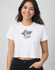 Woman wearing jeans and RF-Wear Women's Cropped Flowy Cherub T-Shirt in White