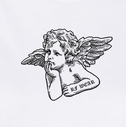 Close-up of RF-Wear Women's Cropped Flowy Cherub T-Shirt in White