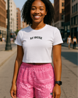 RF Wear Women's Cropped Flowy Old English T-Shirt - White - Model Front View