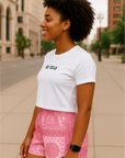 RF Wear Women's Cropped Flowy Old English T-Shirt - White - Model Side View