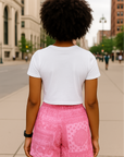 RF Wear Women's Cropped Flowy Old English T-Shirt - White - Model Back View