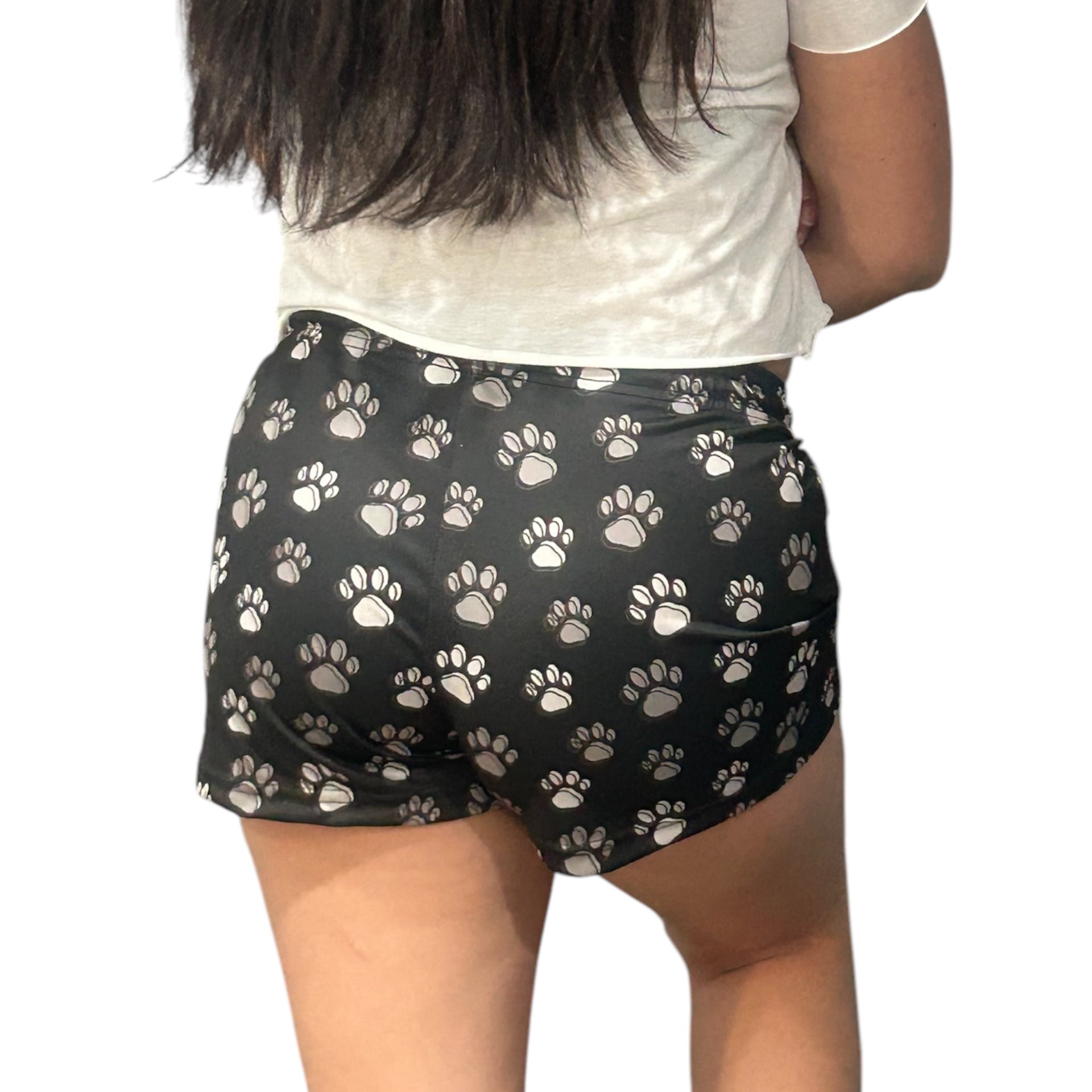 RF Wear Women's Animal Print Shorts - Paw Prints - Black/Grey Made in USA