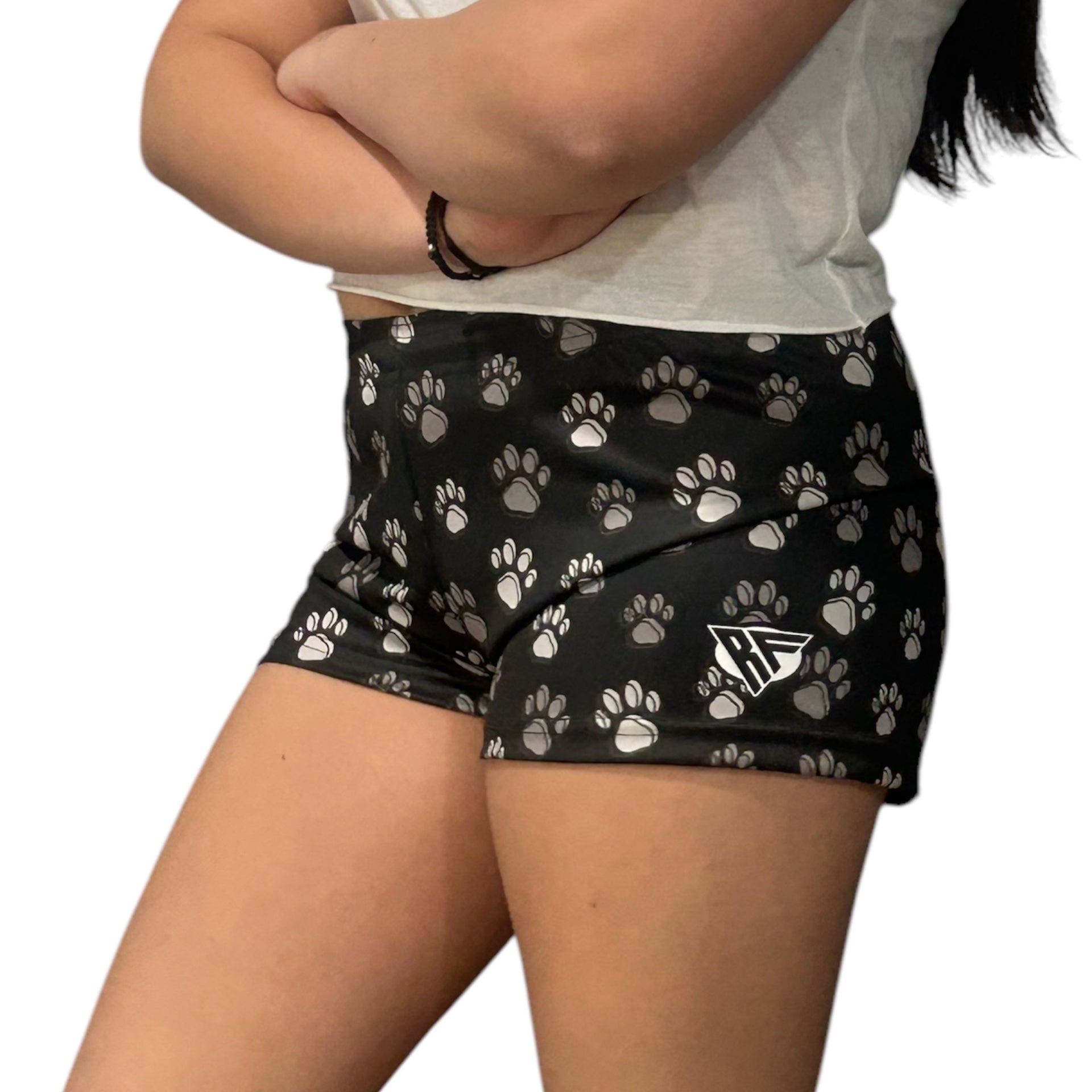 RF Wear Women&#39;s Animal Print Shorts - Paw Prints - Black/Grey Made in USA