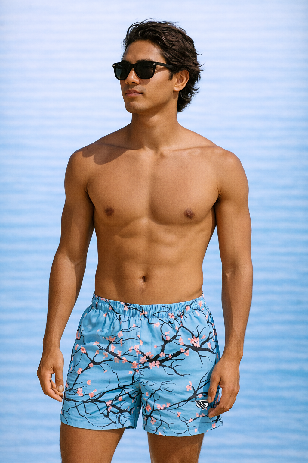 Man wearing RF-Wear Swim Trunks - Blossom (Lined) in Sky Blue 