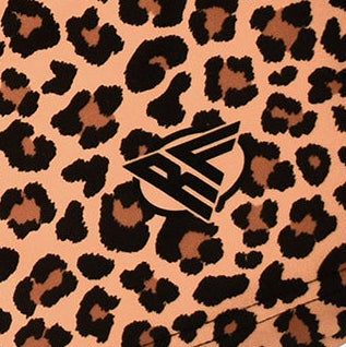 Close-up of RF-Wear Swim Trunks - Cheetah (Lined) in Brown with RF logo