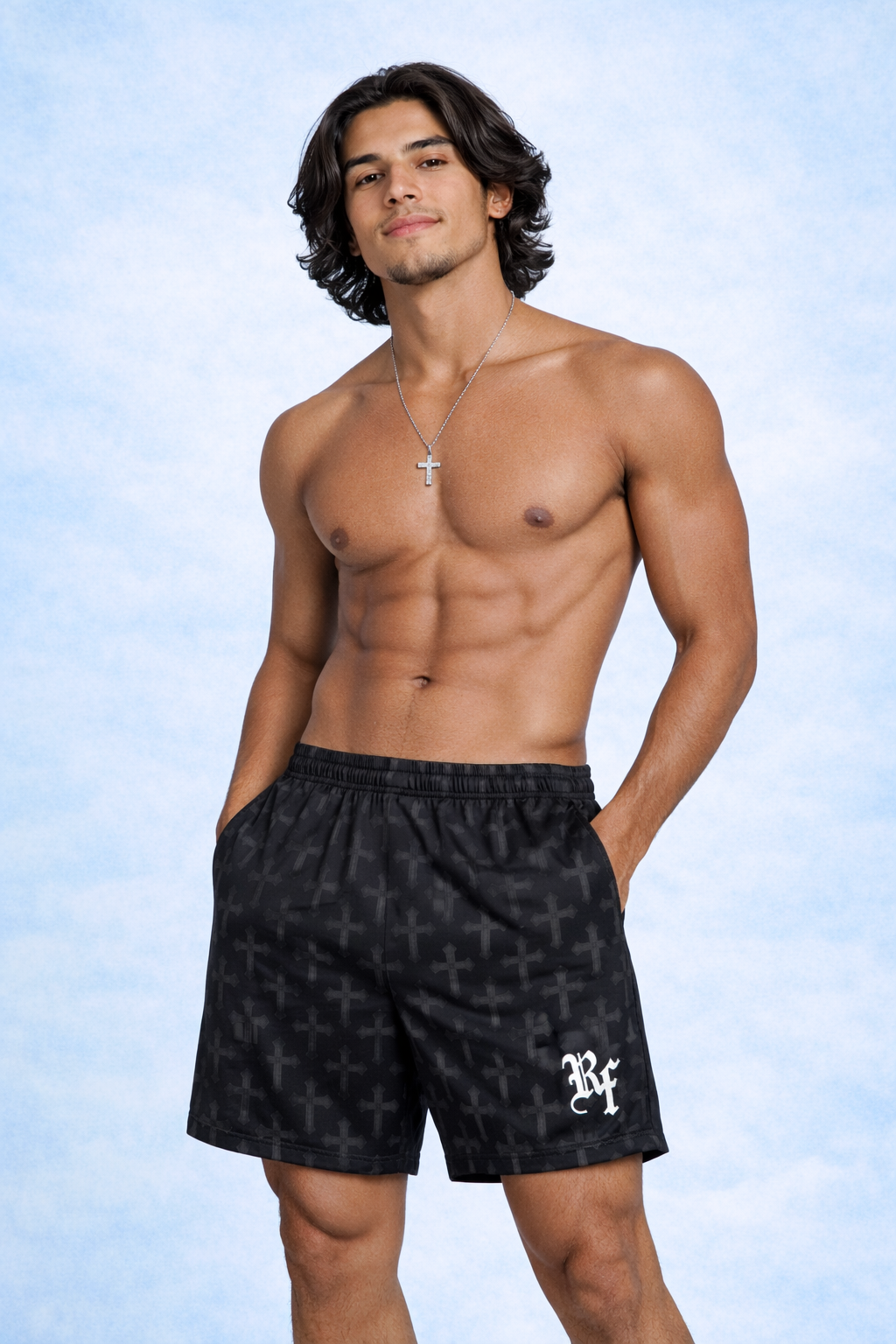 Man Wearing RF-Wear Men's Swim Trunks Cross 2.0 in black