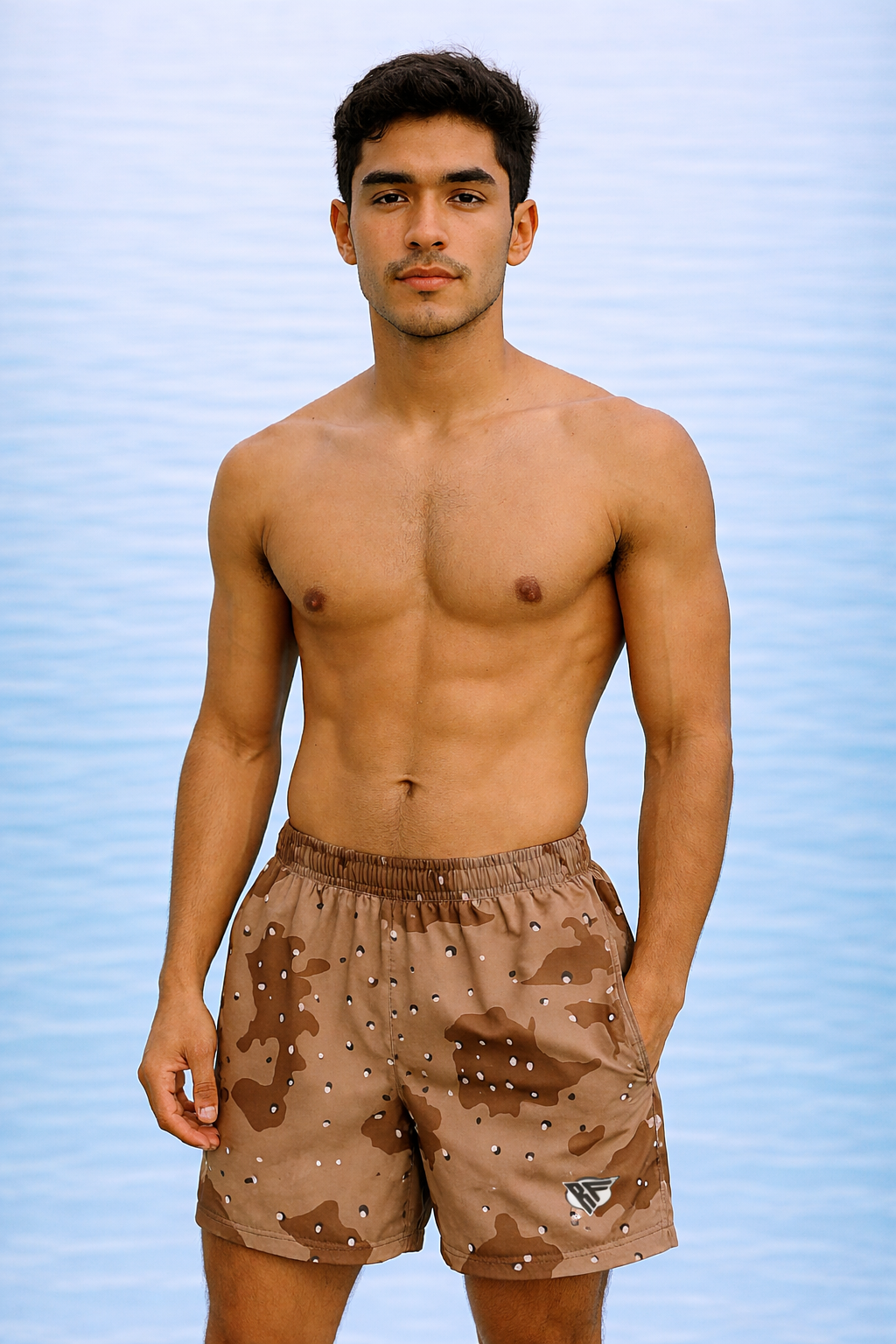 Man wearing RF-Wear Swim Trunks - Desert Camo (Lined) in Brown