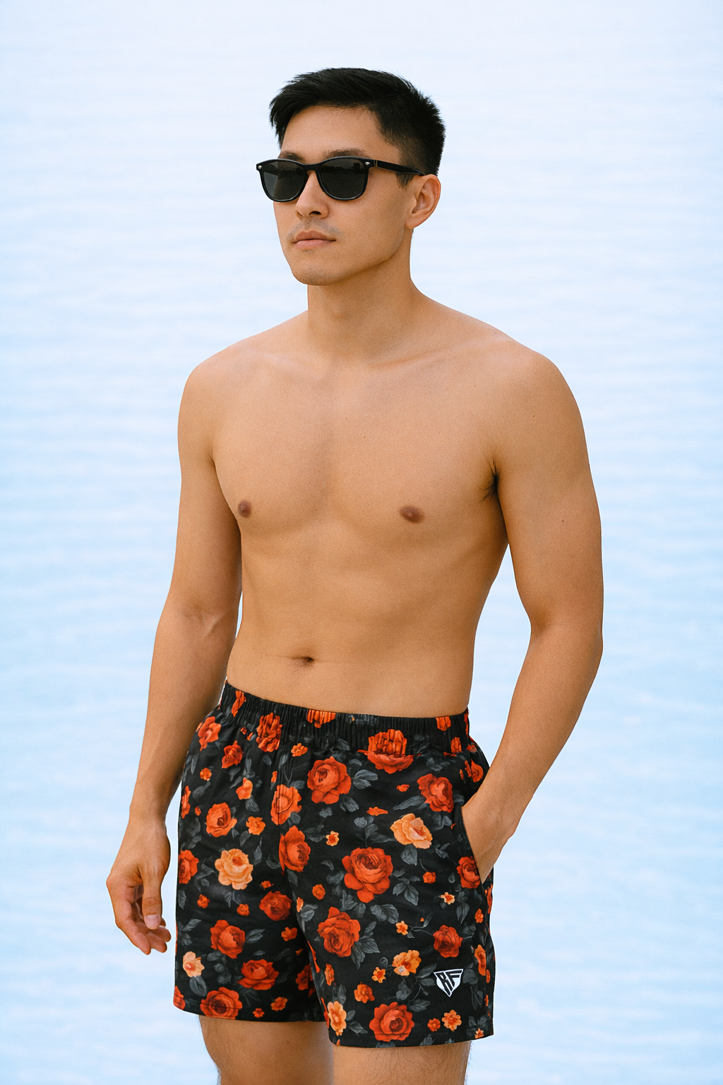 Man wearing RF-Wear Swim Trunks - Floral (Lined) in Black/Multicolored