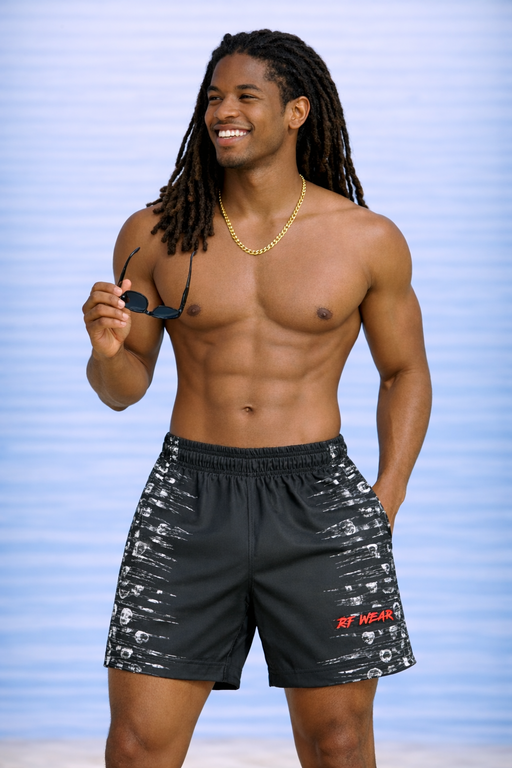 Man wearing RF-Wear Swim Trunks -Horror 2.0 in Black