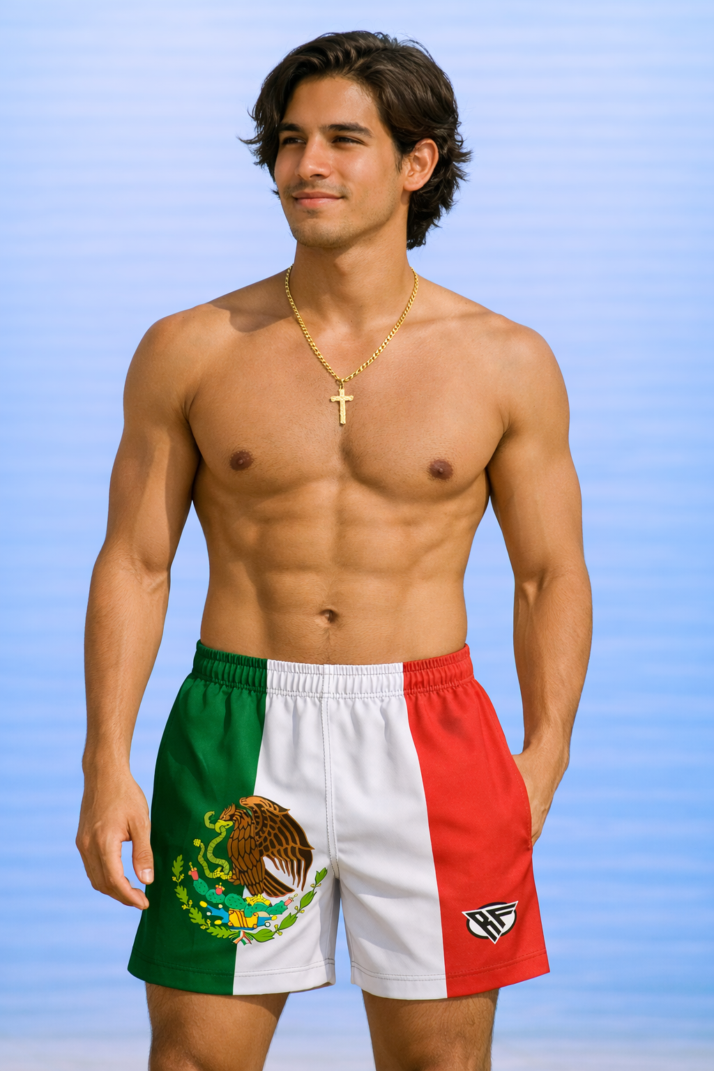 Man wearing RF-Wear Swim Trunks - Mexico Flag