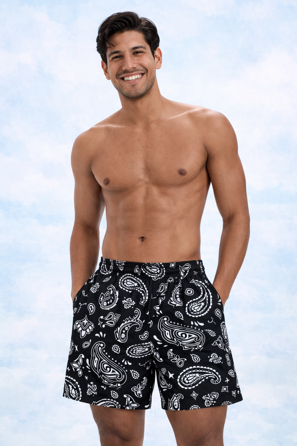 Man wearing RF-Wear Swim Trunks Paisley in Black/White