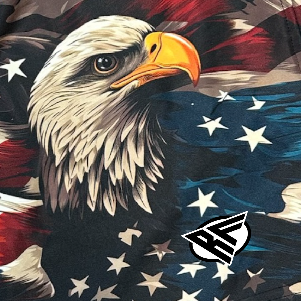Close-up of RF-Wear Swim Trunks Patriotic Eagle with RF logo
