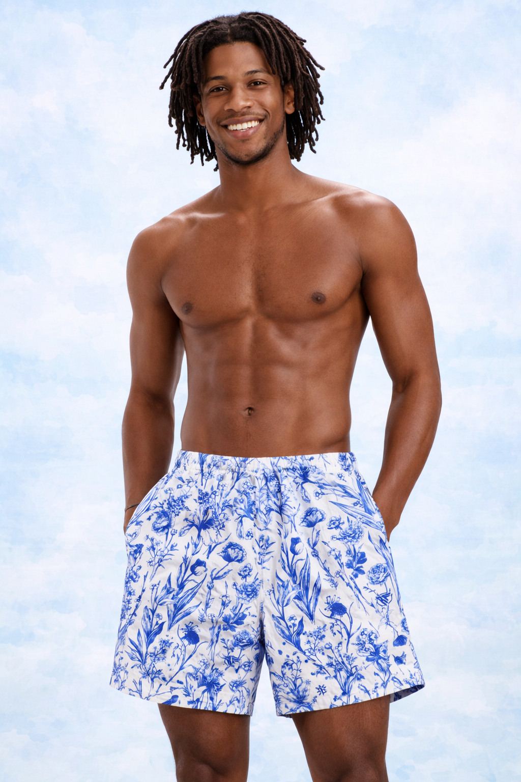 Man wearing RF-Wear Swim Trunks Porcelain in Blue/White