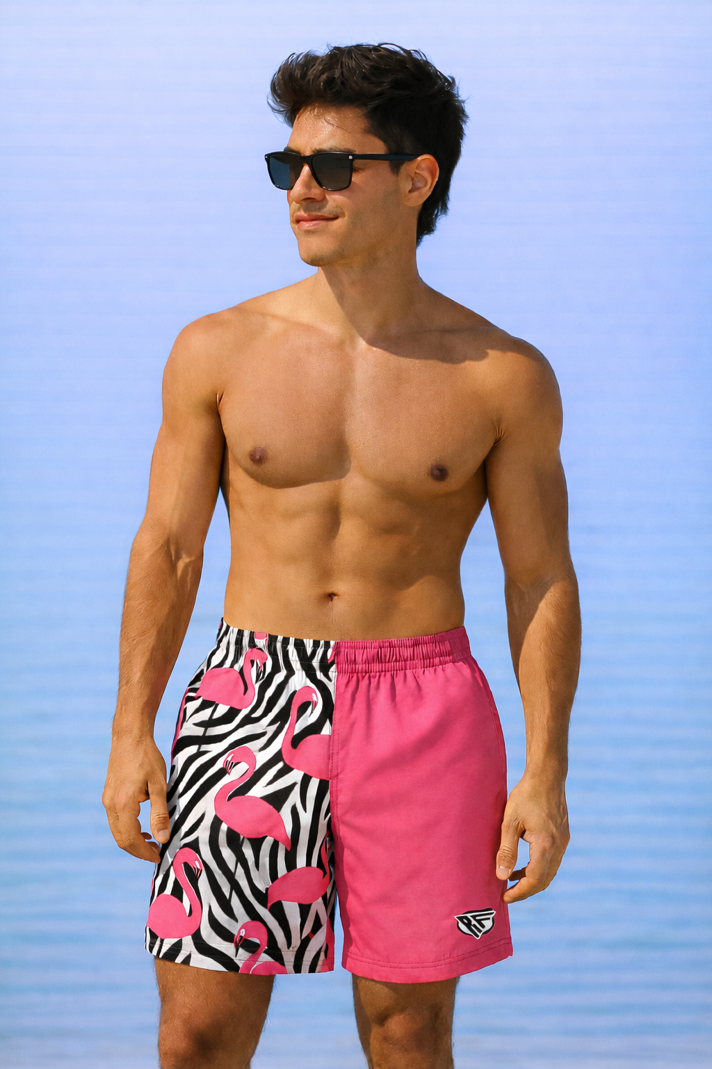 Man wearing RF-Wear Swim Trunks - Split Flamingo in Pink/Black