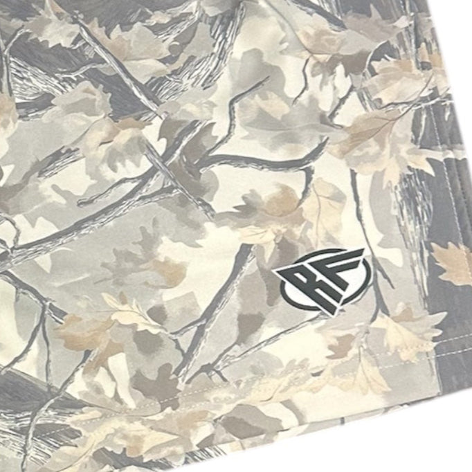 Close-up of RF-Wear Swim Trunks Tree Camo in Cream/Grey with RF logo