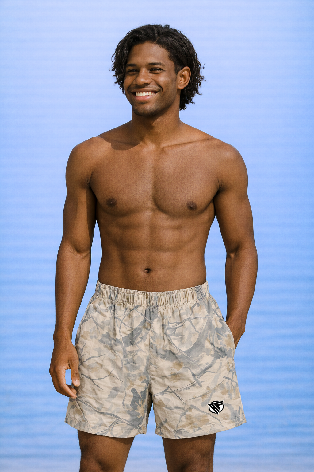 Man wearing RF-Wear Swim Trunks Tree Camo in Cream/Grey