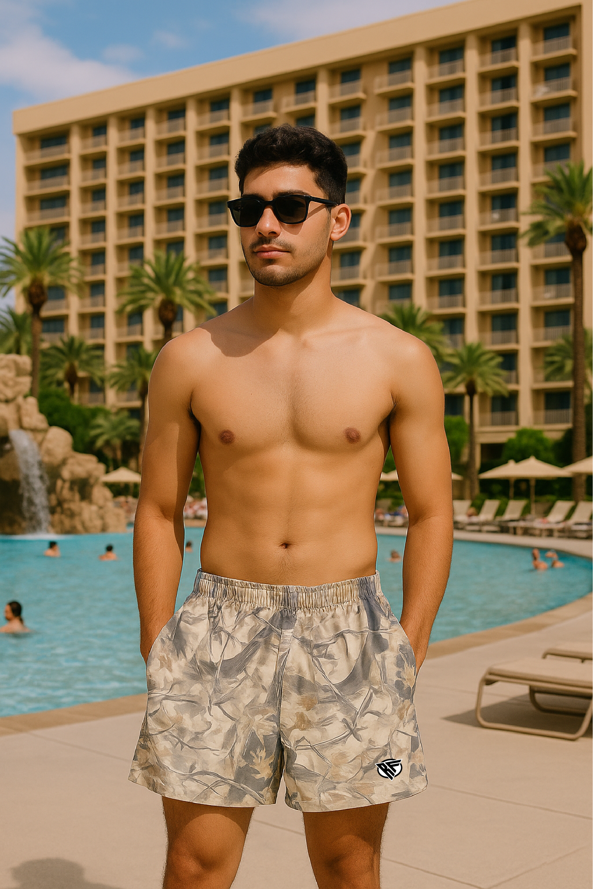 RF Wear Swim Trunks Tree Camo - Cream/Grey - Model Front View