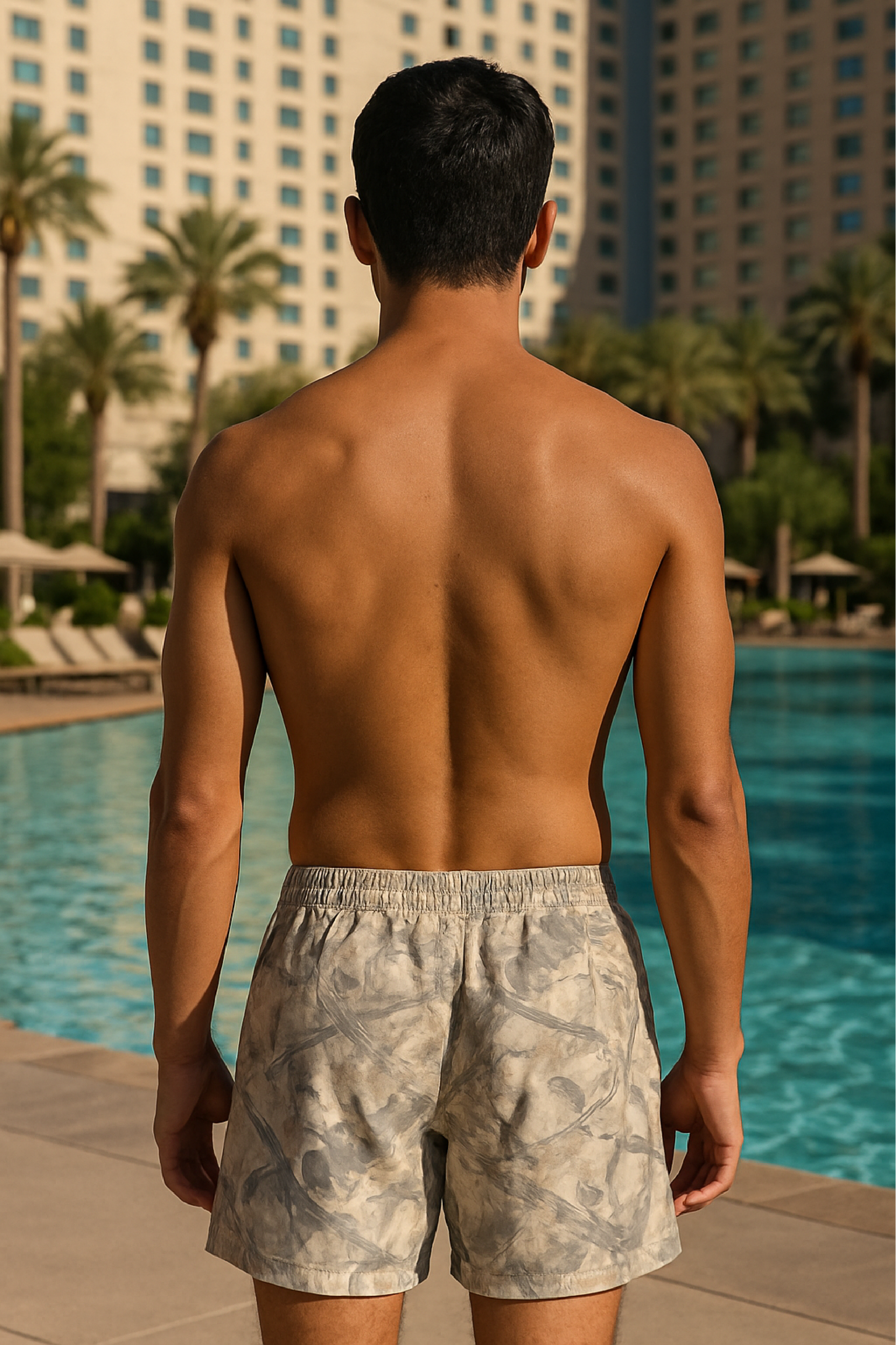 RF Wear Swim Trunks Tree Camo - Cream/Grey - Model Back View