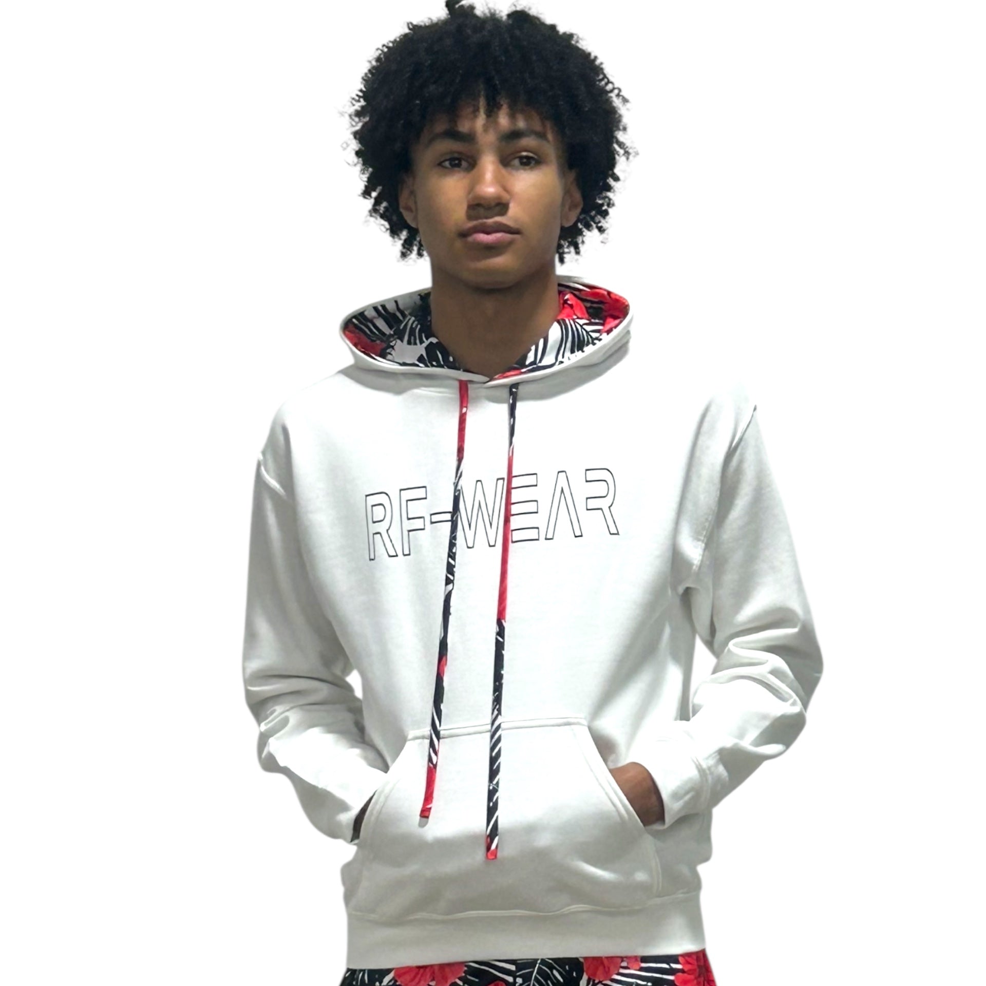 Man wearing a RF-Wear Tropical Flower Hoodie in white, hood lining in Tropical Flower.