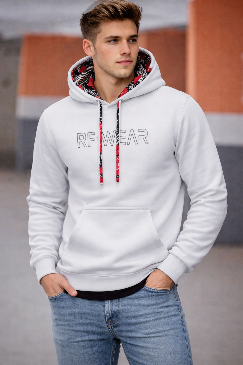 Man wearing RF-Wear Tropical Flower Hoodie in White.