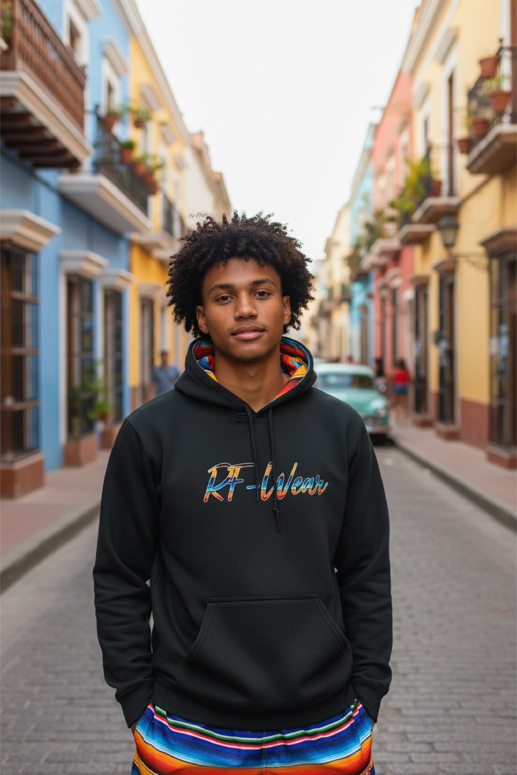 Person wearing a black hoodie with colorful text in an urban setting