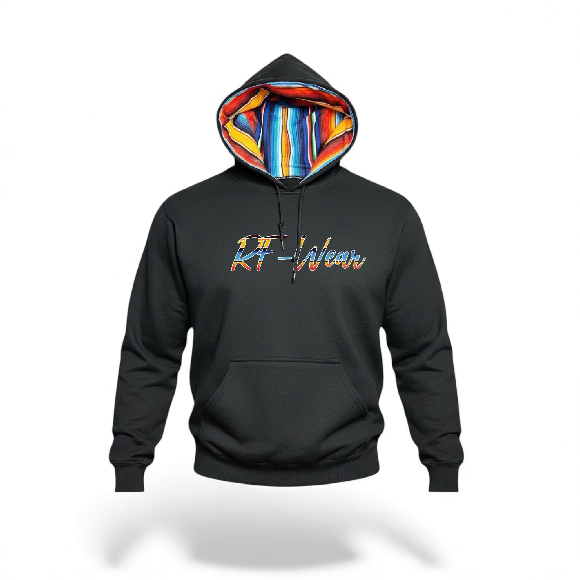 Black hoodie with colorful hood and 'RF-Wear logo on the front on a white background