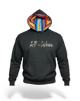 Black hoodie with colorful hood and 'RF-Wear logo on the front on a white background