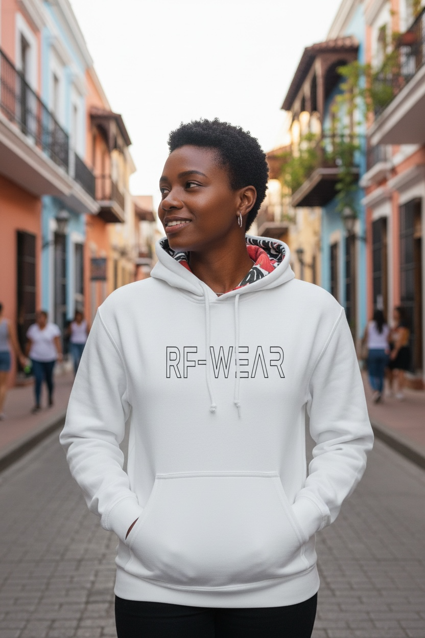 Person wearing a white hoodie with 'RF-WEAR' text on a street.