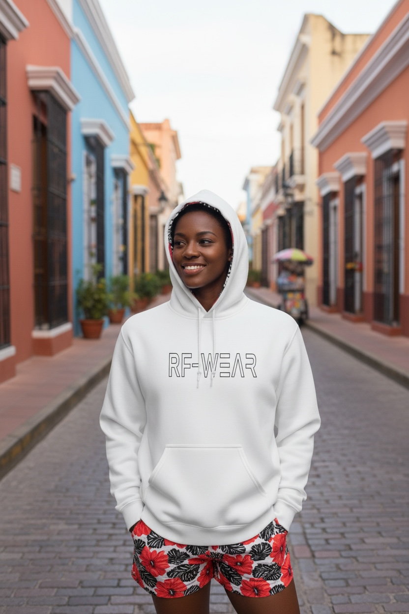 Person wearing a white hoodie with 'RF-WEAR' text on a street with colorful buildings.