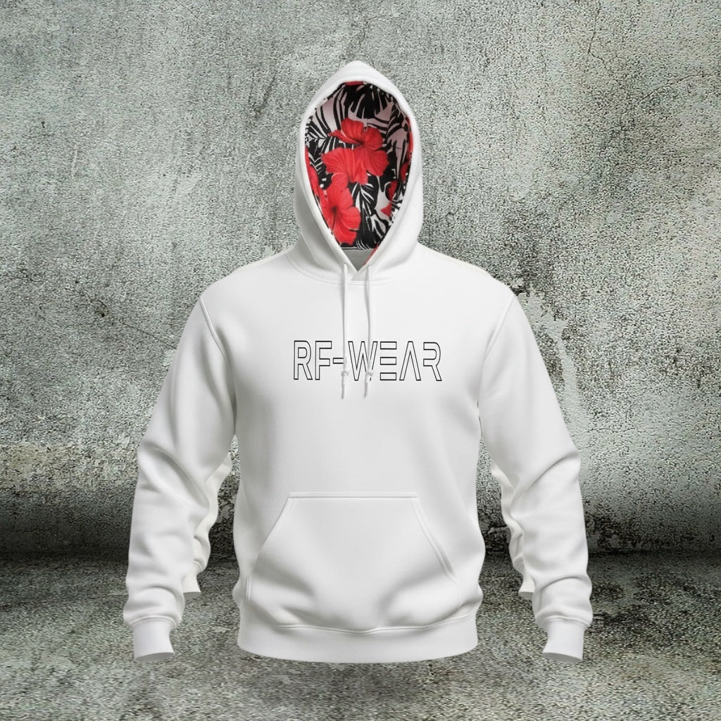 White hoodie with floral design inside the hood against a textured gray background