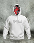 White hoodie with floral design inside the hood against a textured gray background
