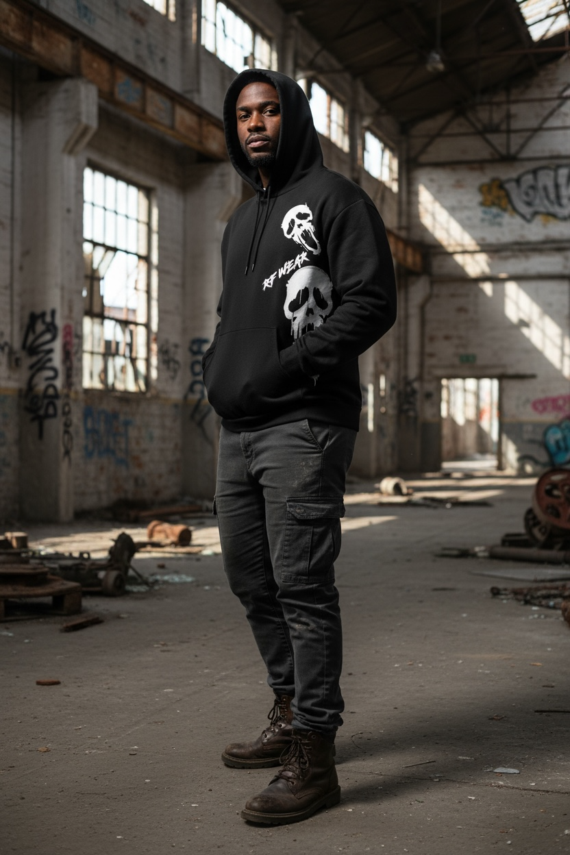RF Wear Unisex Ghost Faces Hoodie - Black - Model Side View