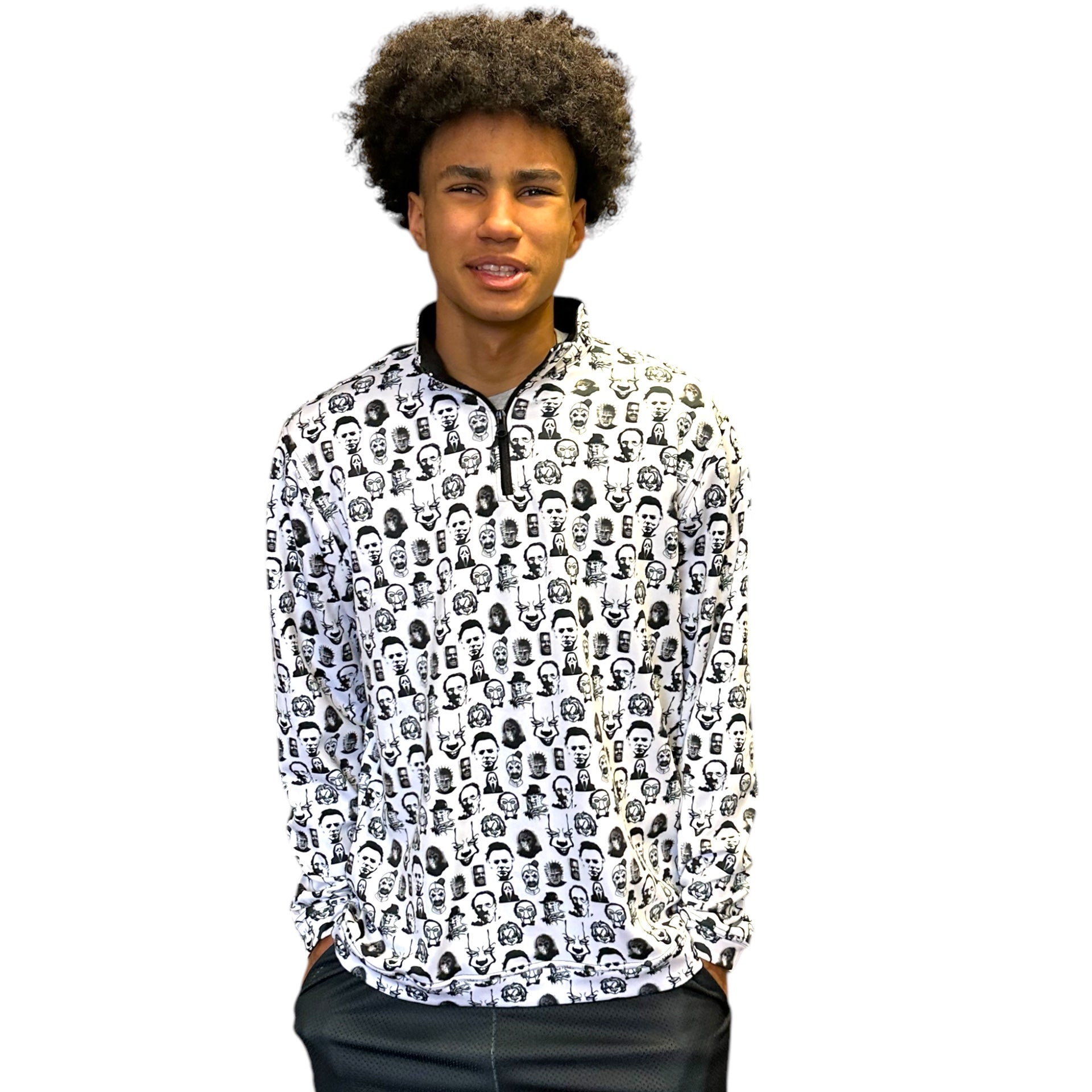Unisex RF Quarter Zip Horror Faces Top  - White