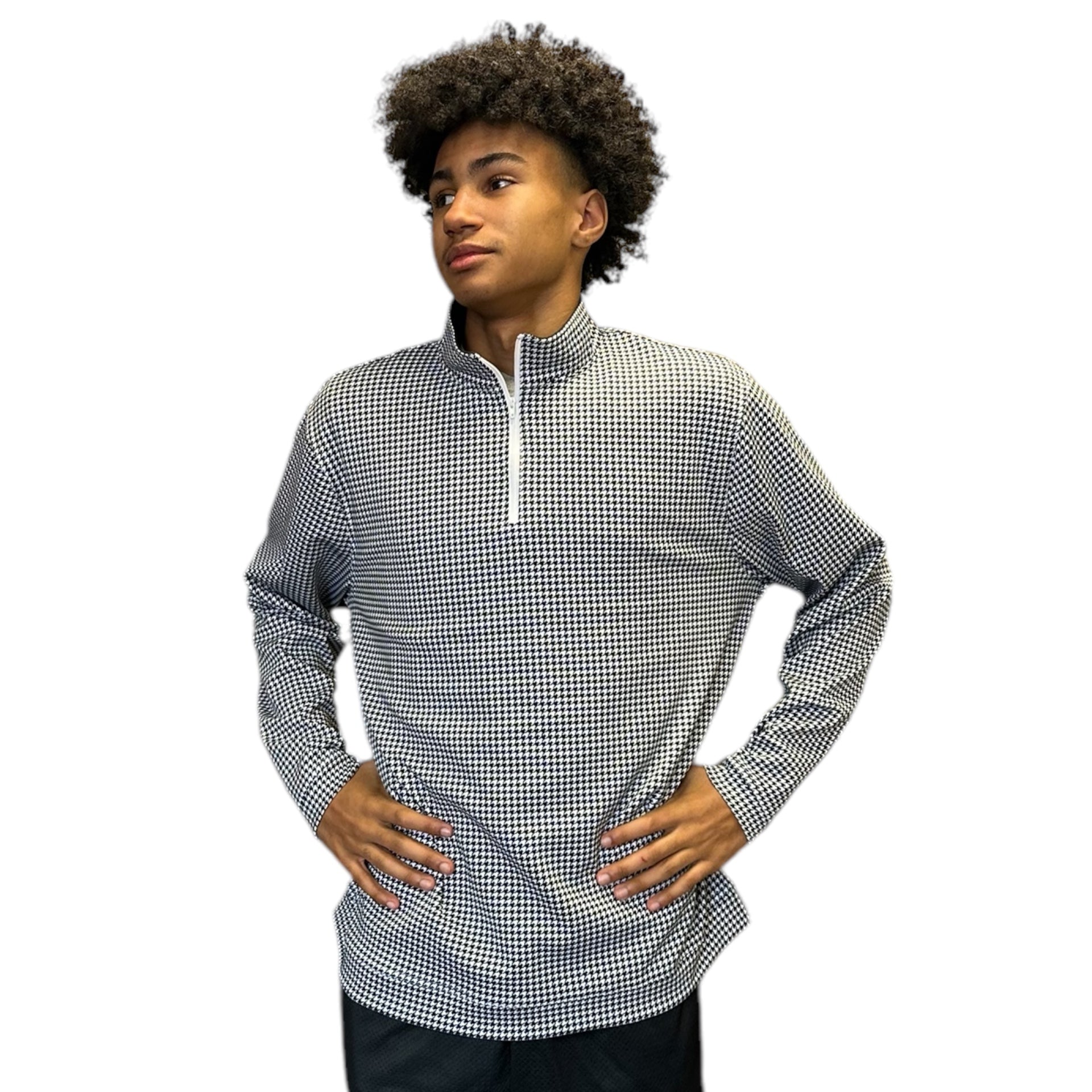 Unisex RF Quarter Zip Houndstooth Top  - Black/White