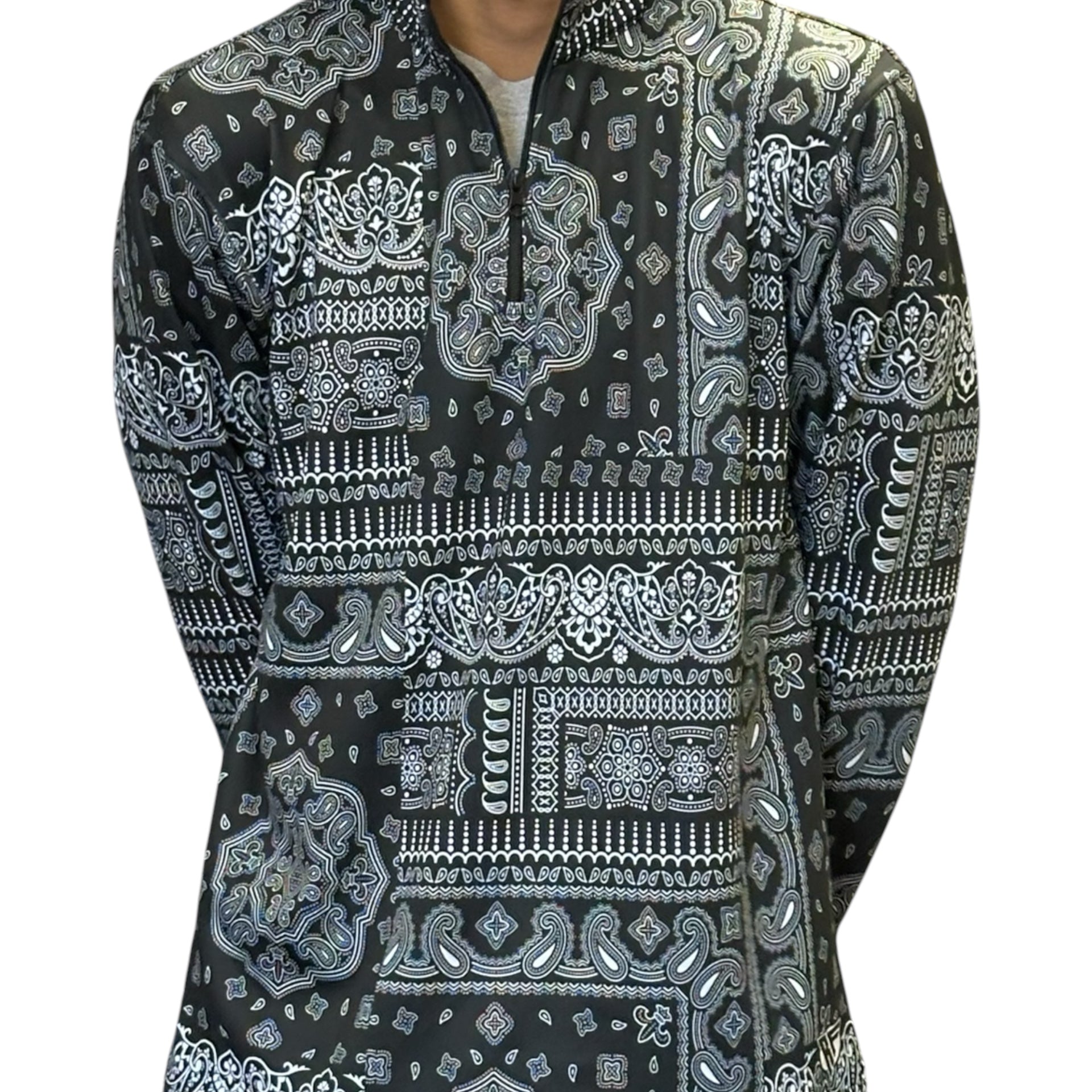 Unisex RF Quarter Zip Mismatch Bandana Top  - Black/White