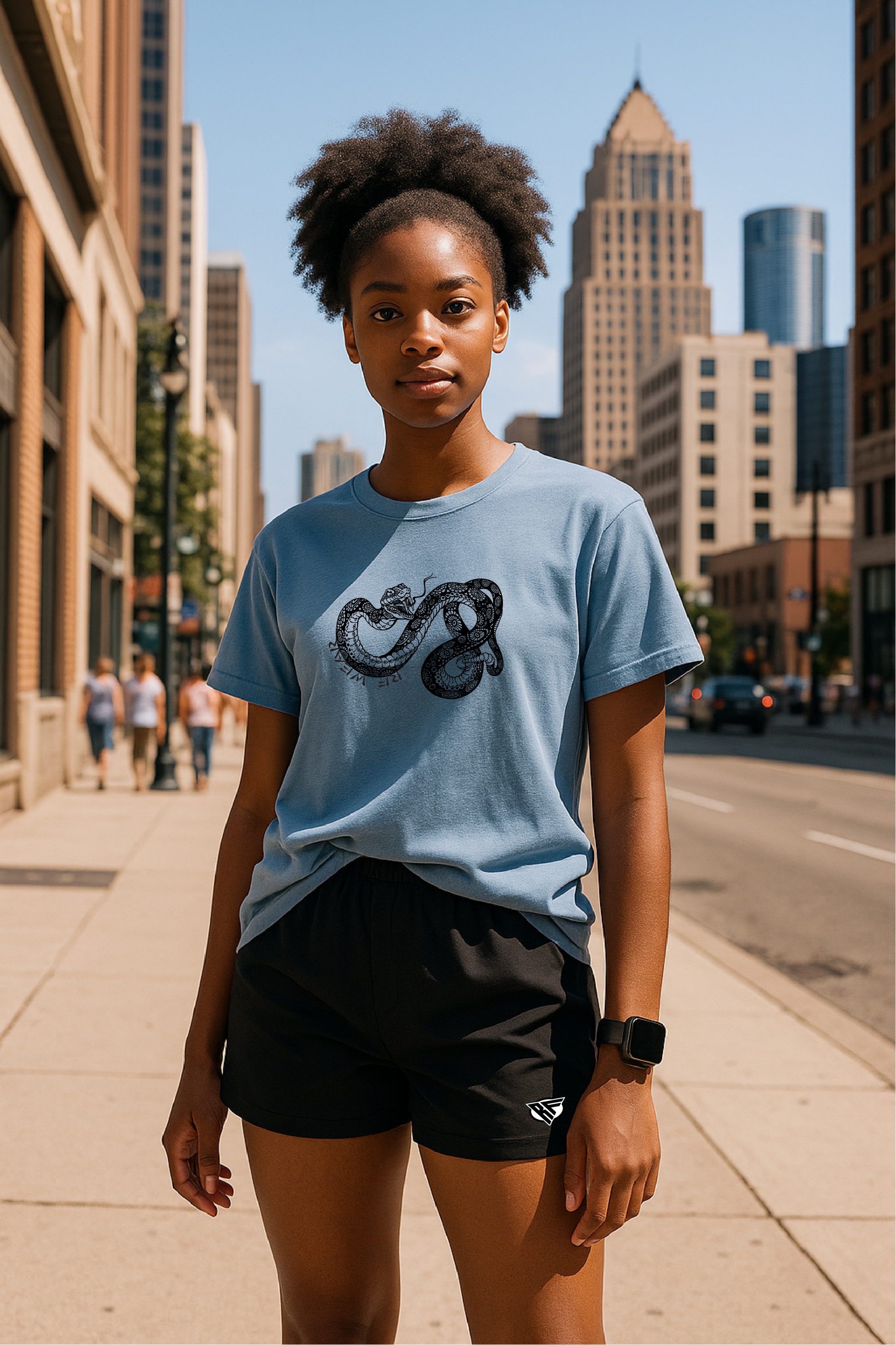 Unisex RF Wear Snake T-Shirt - Washed Denim - Model Front View