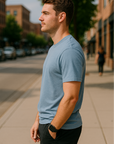 RF Wear Unisex Solid Color T-Shirt - Washed Denim - Male Model Side View