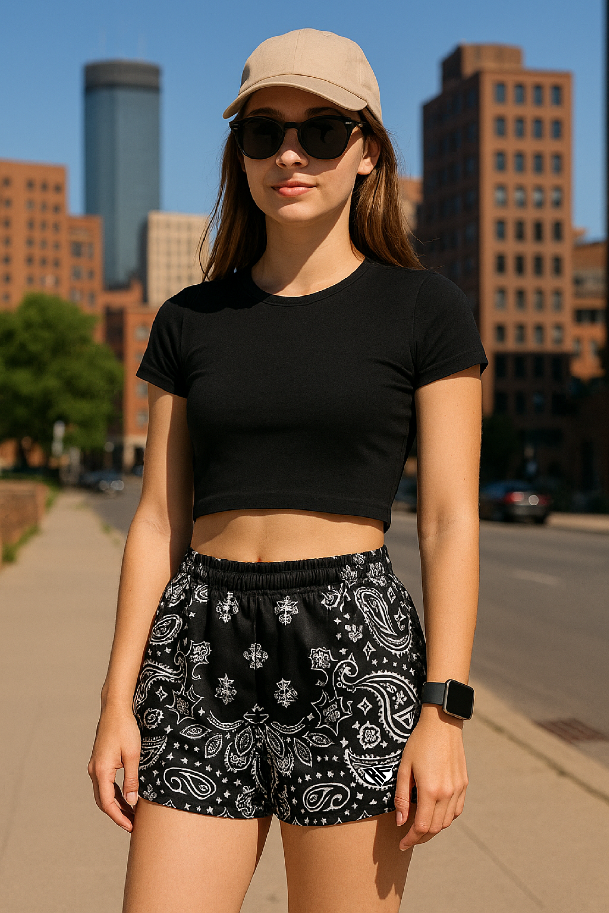 RF Wear Women's Bandana Shorts - Black/White - Model Front View