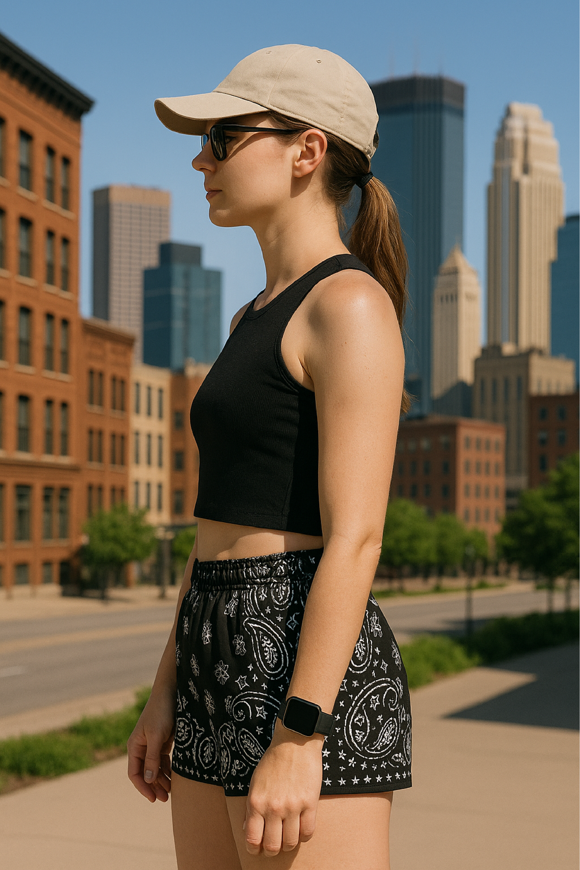RF Wear Women's Bandana Shorts - Black/White - Model Side View