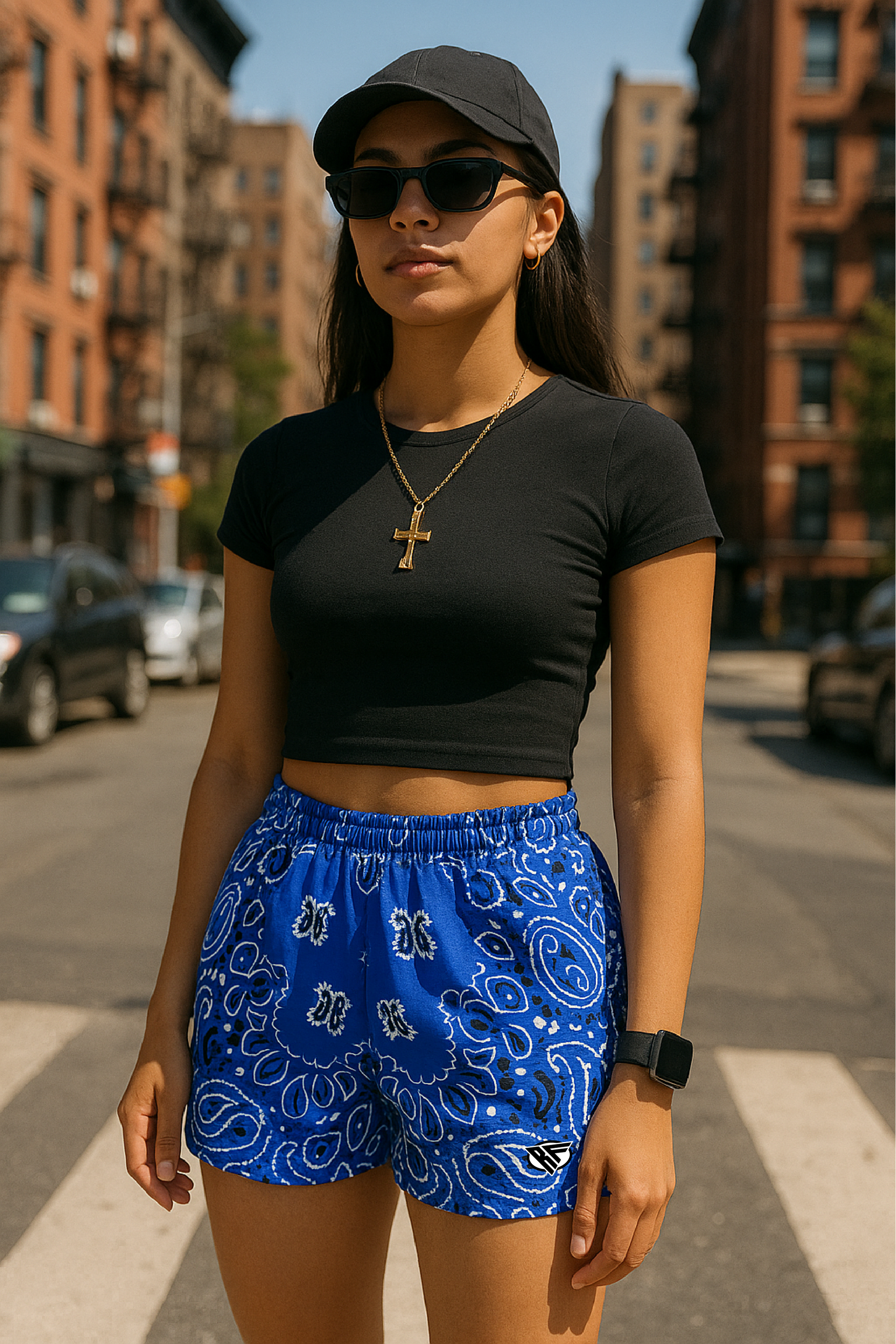 RF Wear Women's Bandana Shorts - Blue/White - Model Front View