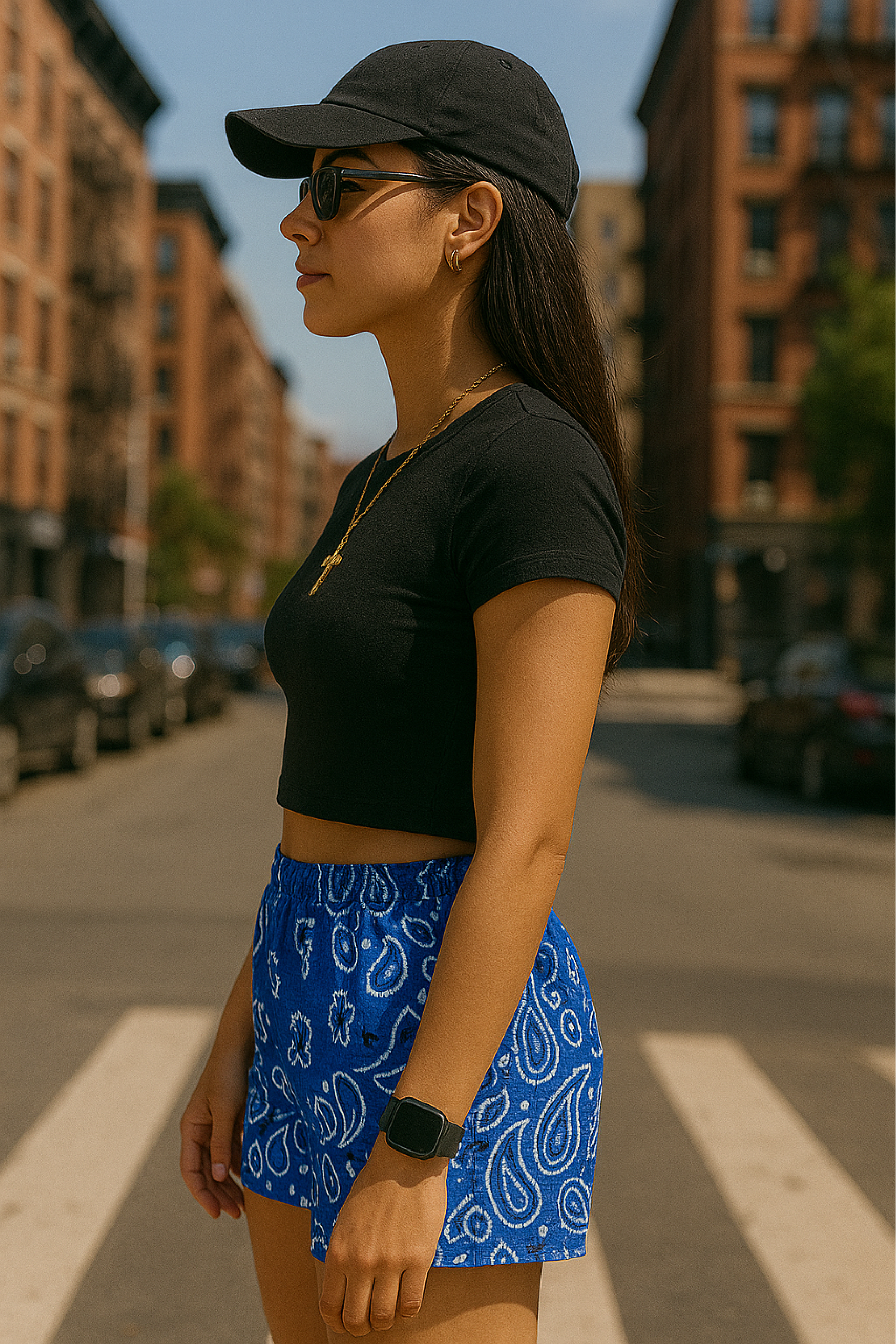 RF Wear Women's Bandana Shorts - Blue/White - Model Side View
