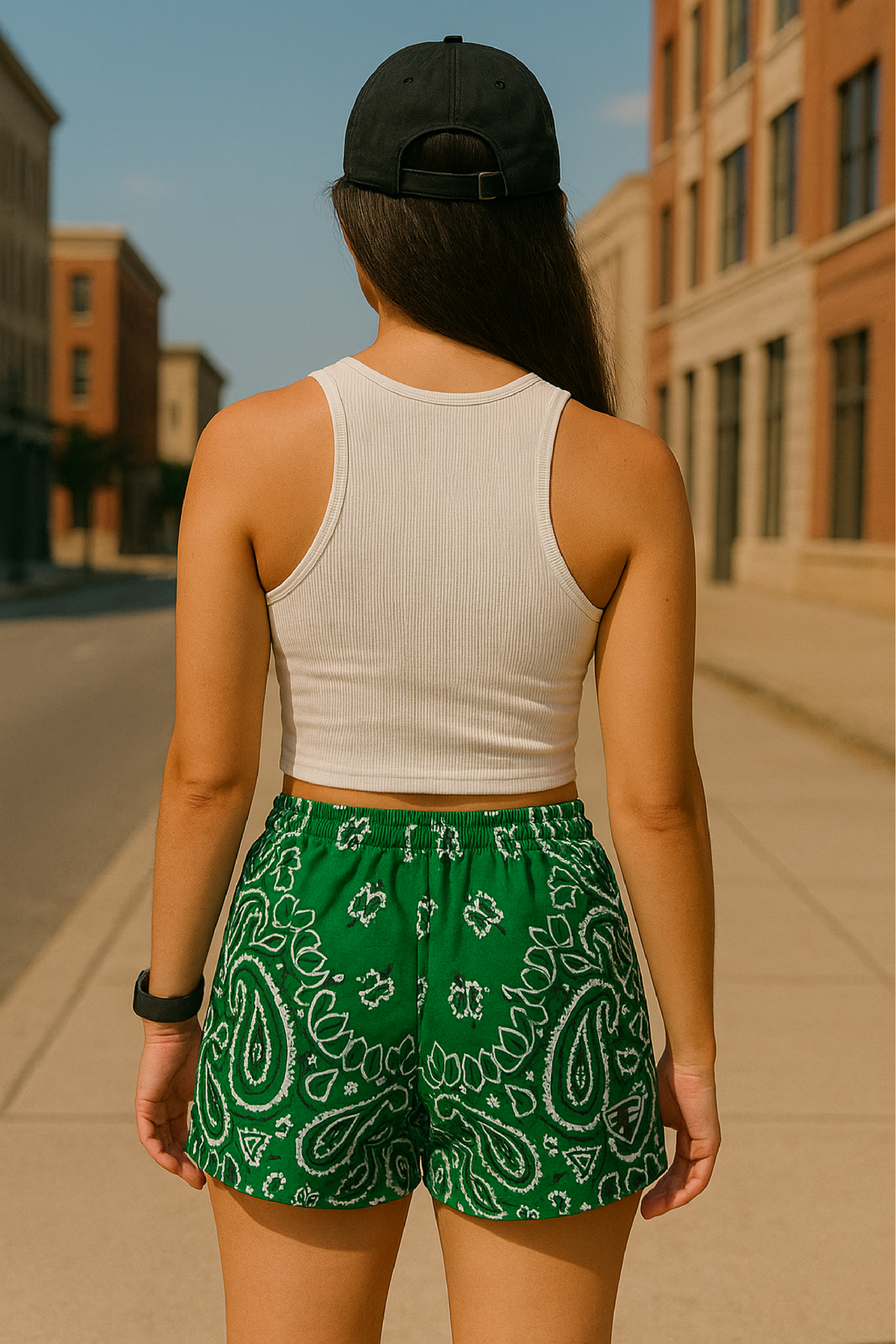 RF Wear Women's Bandana Shorts - Green/White - Model Back View