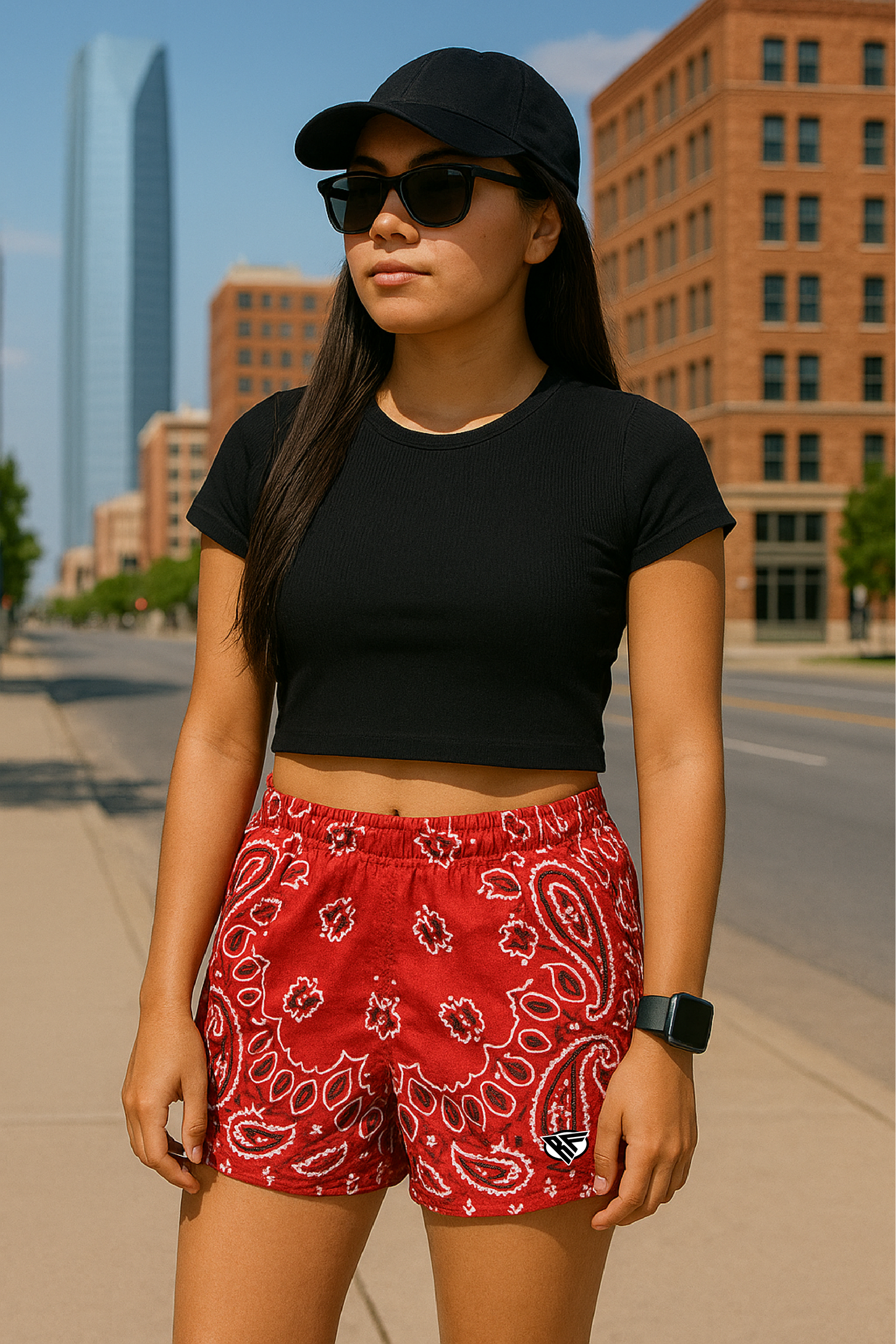 RF Wear Women's Bandana Shorts - Red/White/Black - Model Front View