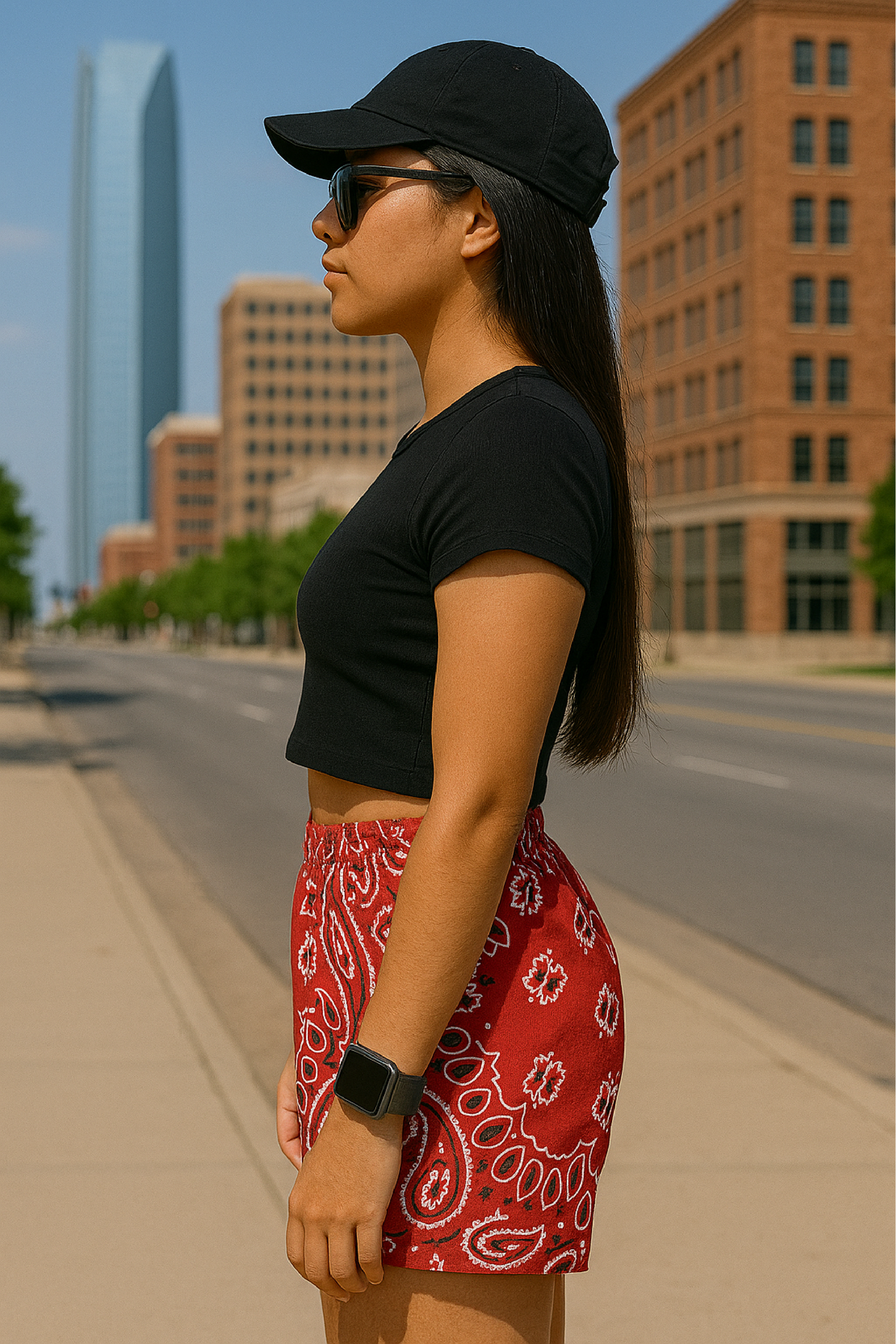 RF Wear Women's Bandana Shorts - Red/White/Black - Model Side View
