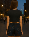 RF Wear Women's Fireworks Shorts Black Red/White/Blue - Model Back View