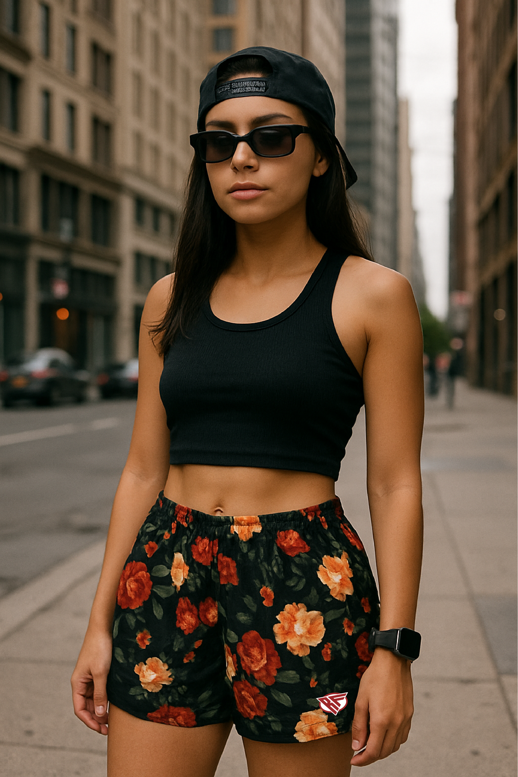 RF Wear Women&#39;s Floral Shorts - Black/Red/Peach - Model Front View